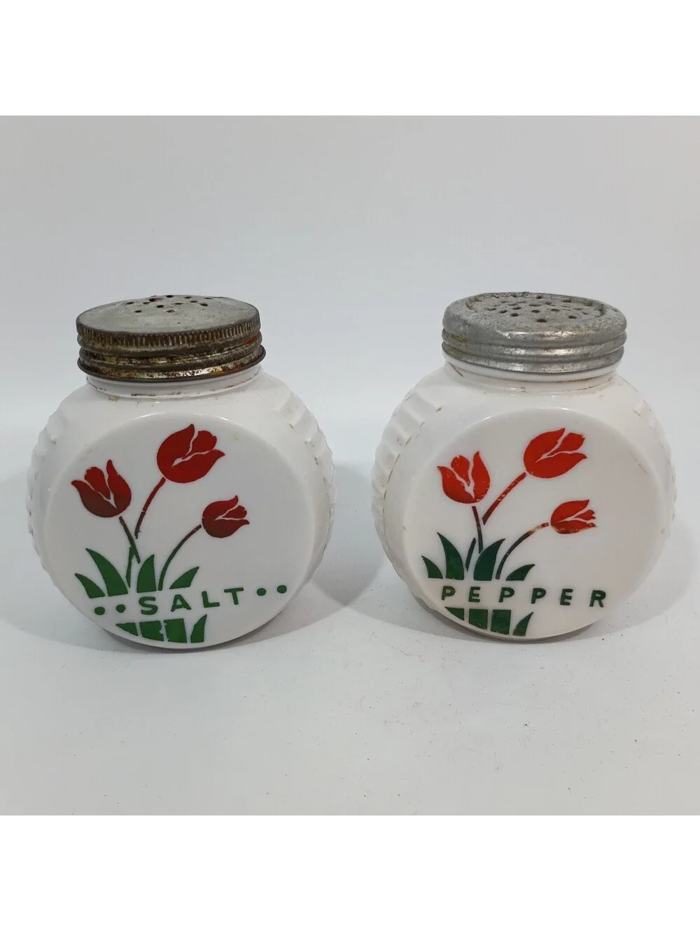 Vintage Fire King Red Tulip Salt & Pepper Shakers Anchor Vitrock Milk Glass